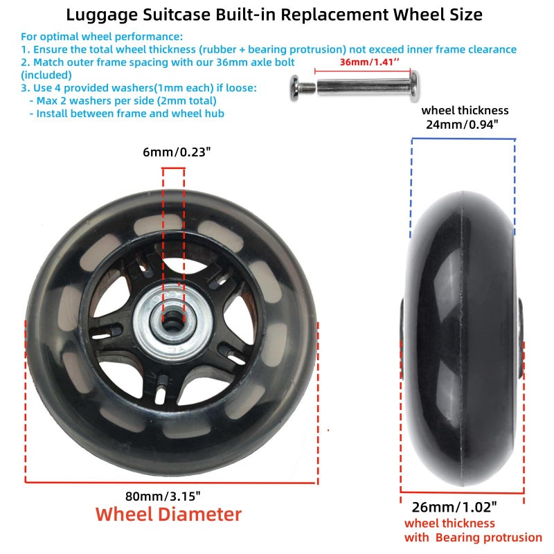 Rhinenet Replacement Luggage Suitcase Wheels OD 80mm PU Replacement Wheels with ABEC-7 Bearings Roller attachable wheels for duffel bag Trolley Bag, Inline Skate and Caster Board - Image 3